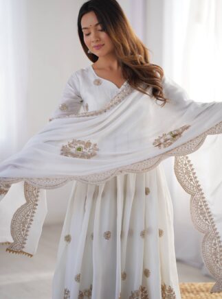 Designer Chinon Silk Gown Set with Dupatta – Embroidered Festive Wear | RjPoshak