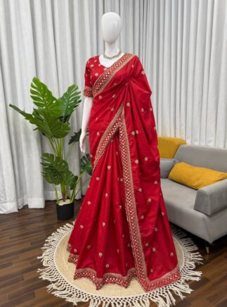 Red Jalpari Silk Designer Saree with Thread & Sequin Work – Festive & Wedding Wear | RjPoshak