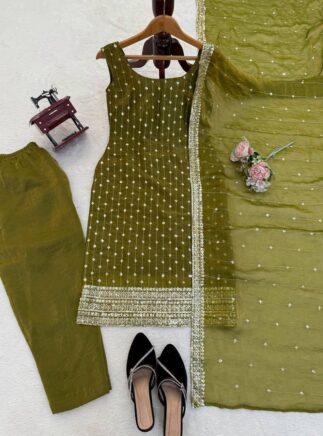 Designer Heavy Fendy Silk Top Pant Set with Dupatta – Embroidered Party Wear for Women | RjPoshak
