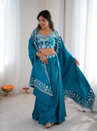 Designer Dhoti Skirt Set with Shrug and Choli | French Crepe Party Wear Outfit-RjPoshak
