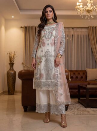 RjPoshak Royal Ivory Pakistani Suit with Silver Zari Embroidery