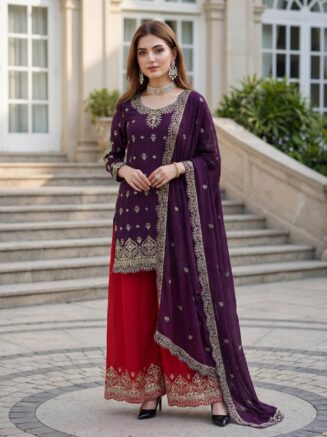 Buy Chinon Silk Embroidered Kurti Sharara Set for Women-RjPoshak