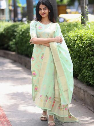 Buy Pista Art Silk Kurta Pant Dupatta Set for Women – RjPoshak Focus Keyword