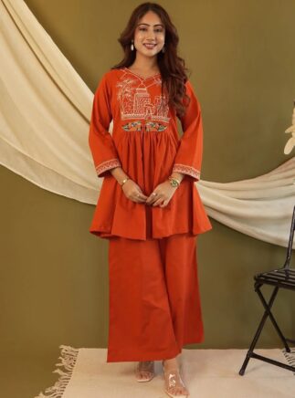 Orange Crepe Embroidered Women Co-Ord Set Kurta Pant – RjPoshak