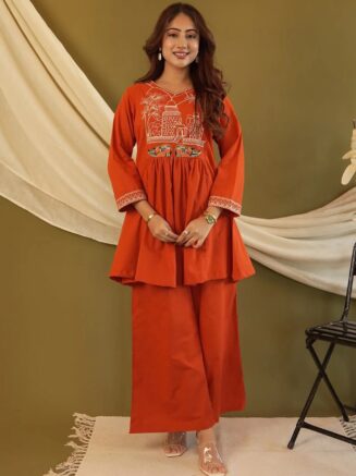 Orange Crepe Embroidered Women Co-Ord Set Kurta Pant – RjPoshak