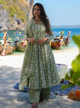 Buy Pista Rayon Slub Anarkali Pant Dupatta Set for Women – RjPoshak