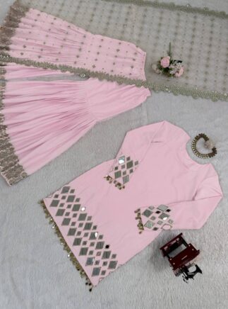 Designer French Crepe Sharara Suit Set with Mirror Work Dupatta – Party Wear for Women | RjPoshak