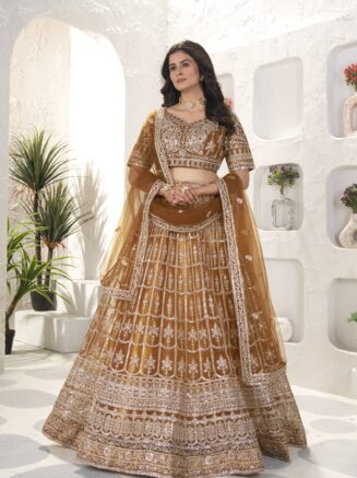 Home 24 Designer Brown Net Lehenga Choli with Zari & Sequins Embroidery – Wedding Party Wear | RjPoshak