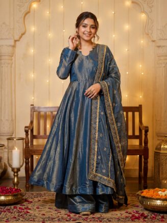 Home 23 Designer Anarkali Gown with Dupatta and Bottom – French Moss Fabric Party Wear | RjPoshak