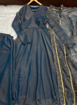 Designer Anarkali Gown with Dupatta and Bottom – French Moss Fabric Party Wear | RjPoshak