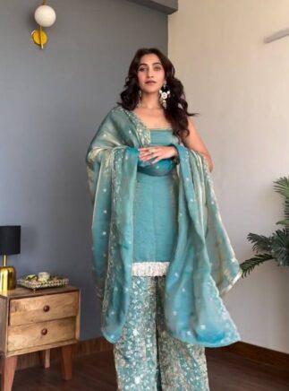 Designer Fendy Silk Top Plazo Dupatta Set for Women – Thread Sequins Ethnic Wear | RjPoshak