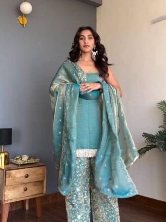 Home 21 Designer Fendy Silk Top Plazo Dupatta Set for Women – Thread Sequins Ethnic Wear | RjPoshak