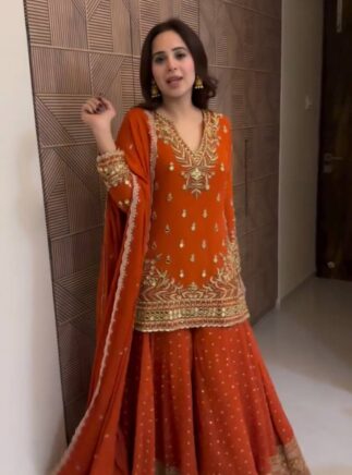 Buy Designer Sharara Set in Orange with Sequins Work – Faux Georgette Party Wear | RjPoshak