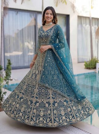 RjPoshak Designer Butterfly Net Lehenga Choli with Sequins Embroidery | 3 Meter Flare Wedding & Festive Wear
