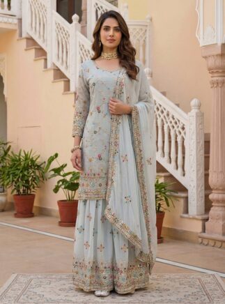 RjPoshak Designer Sharara Set in Faux Georgette with Embroidery Zari & Sequins Work | Festive & Party Wear Kurti Sharara Set