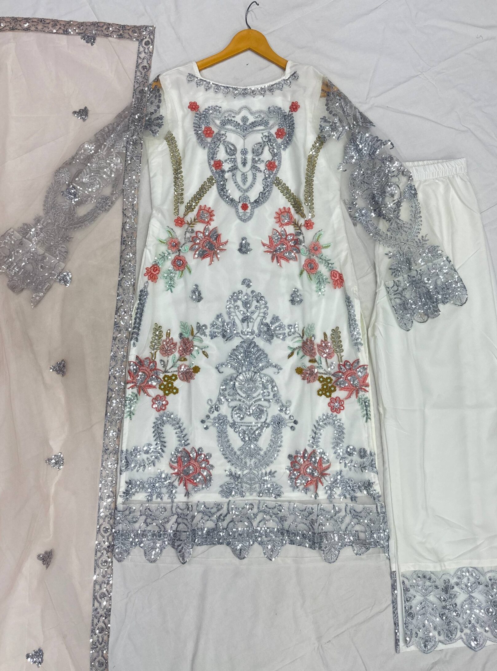 RjPoshak Royal Ivory Pakistani Suit with Silver Zari Embroidery