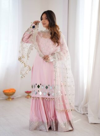 Designer French Crepe Sharara Suit Set with Mirror Work Dupatta – Party Wear for Women | RjPoshak