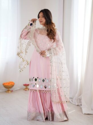 Designer French Crepe Sharara Suit Set with Mirror Work Dupatta – Party Wear for Women | RjPoshak