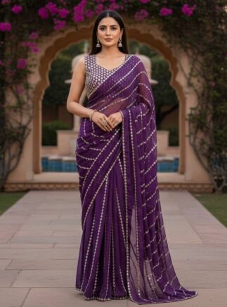 Buy Online Purple Faux Georgette Mirror Work Saree- RjPoshak