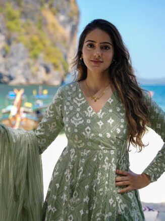 Buy Pista Rayon Slub Anarkali Pant Dupatta Set for Women – RjPoshak