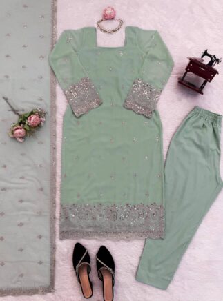 Online Faux Georgette Suit Set with Dupatta – Designer Party Wear for Women | RjPoshak