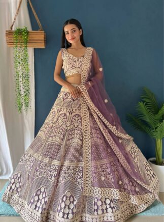 Designer Butterfly Net Lehenga Choli with Sequins & Zari Embroidery | Wedding Wear Lehenga-RjPoshak