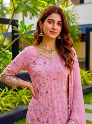 RjPoshak Designer Sharara Set in Faux Georgette with Embroidery Zari & Sequins Work | Festive & Party Wear Kurti Sharara Set