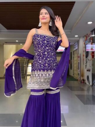 Designer Faux Georgette Top Sharara Dupatta Set for Women – RjPoshak - Purple, M