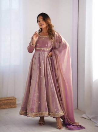 Buy Online Designer Fendy Silk Gown Set with Dupatta – Coding Sequins Party Wear | RjPoshak