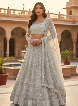 Buy Butterfly Net Lehenga with Sequins Embroidery – 4 Meter Flared Wedding Wear | RjPoshak