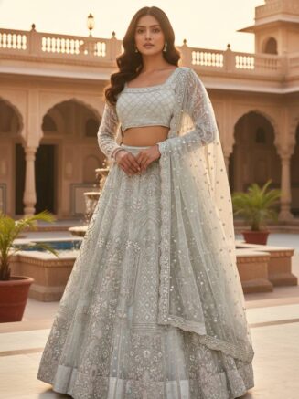 Home 21 Buy Butterfly Net Lehenga with Sequins Embroidery – 4 Meter Flared Wedding Wear | RjPoshak