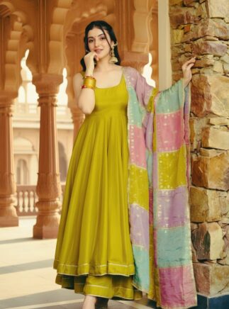 RjPoshak Mehndi Color Gown Palazzo Set with Organza Dupatta – Designer Festive & Party Wear