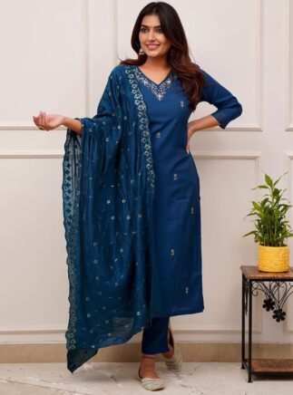 Cerulean Blue Kurta Pant Dupatta Set – Embroidered Tesla Fabric Suit | RjPoshak