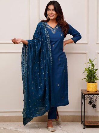 Cerulean Blue Kurta Pant Dupatta Set – Embroidered Tesla Fabric Suit | RjPoshak