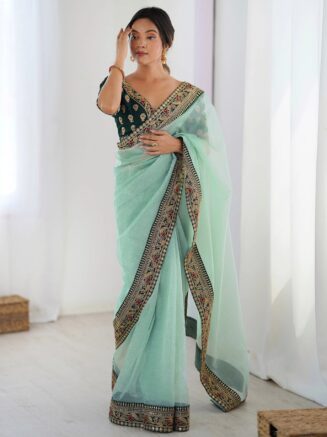 Sky Blue Net Saree with Blouse – Embroidered Wedding Wear Saree | RjPoshak