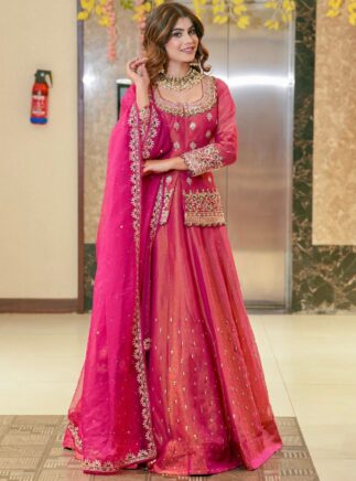 Pink Ready to Wear Lehenga Choli Set – Roman Silk Embroidered Party Wear | RjPoshak