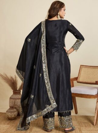 Maroon Black Sherwani Style Suit Set with Dupatta – Embroidered Festive Wear | RjPoshak