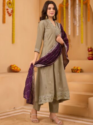 RjPoshak Aarya Anarkali Suit Set – Vichitra Embroidered Kurta Pant Dupatta | Festive & Party Wear