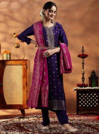 RjPoshak Violet Wooglee Suit Set – Art Silk Jacquard Weaving Kurta Pant Dupatta | Festive & Party Wear