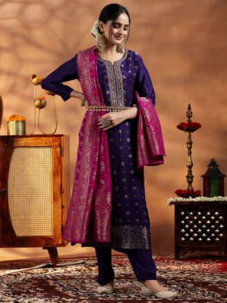 RjPoshak Violet Wooglee Suit Set – Art Silk Jacquard Weaving Kurta Pant Dupatta | Festive & Party Wear