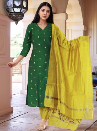 RjPoshak Green Appy Suit Set – Art Silk Jacquard Weaving Kurta Pant Dupatta | Festive & Party Wea