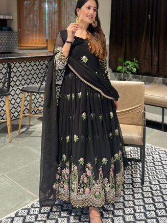 Home 22 RjPoshak Black Anarkali Gown with Dupatta – Georgette Embroidered Party Wear Long Dress