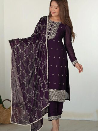 Home 21 RjPoshak Purple Zilmil Kurta Set – Georgette Embroidered Kurta Pant Dupatta Set for Women