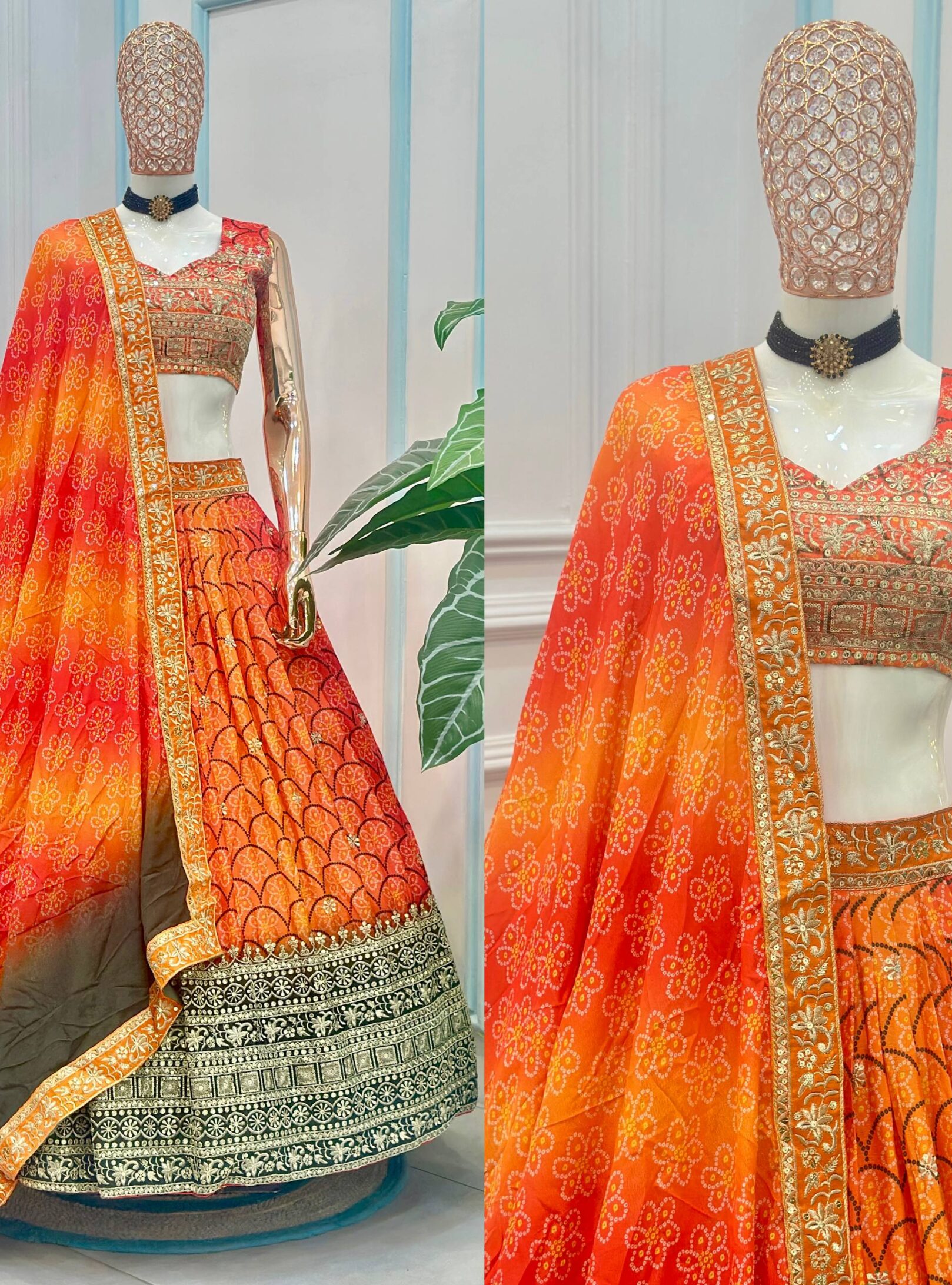 Chinon Silk Printed Lehenga Choli – Sequins Zari Embroidered Festive & Wedding Wear RjPoshak