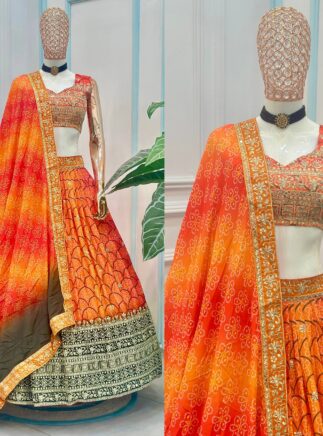 Chinon Silk Printed Lehenga Choli – Sequins Zari Embroidered Festive & Wedding Wear RjPoshak