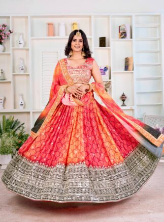 Chinon Silk Printed Lehenga Choli – Sequins Zari Embroidered Festive & Wedding Wear RjPoshak