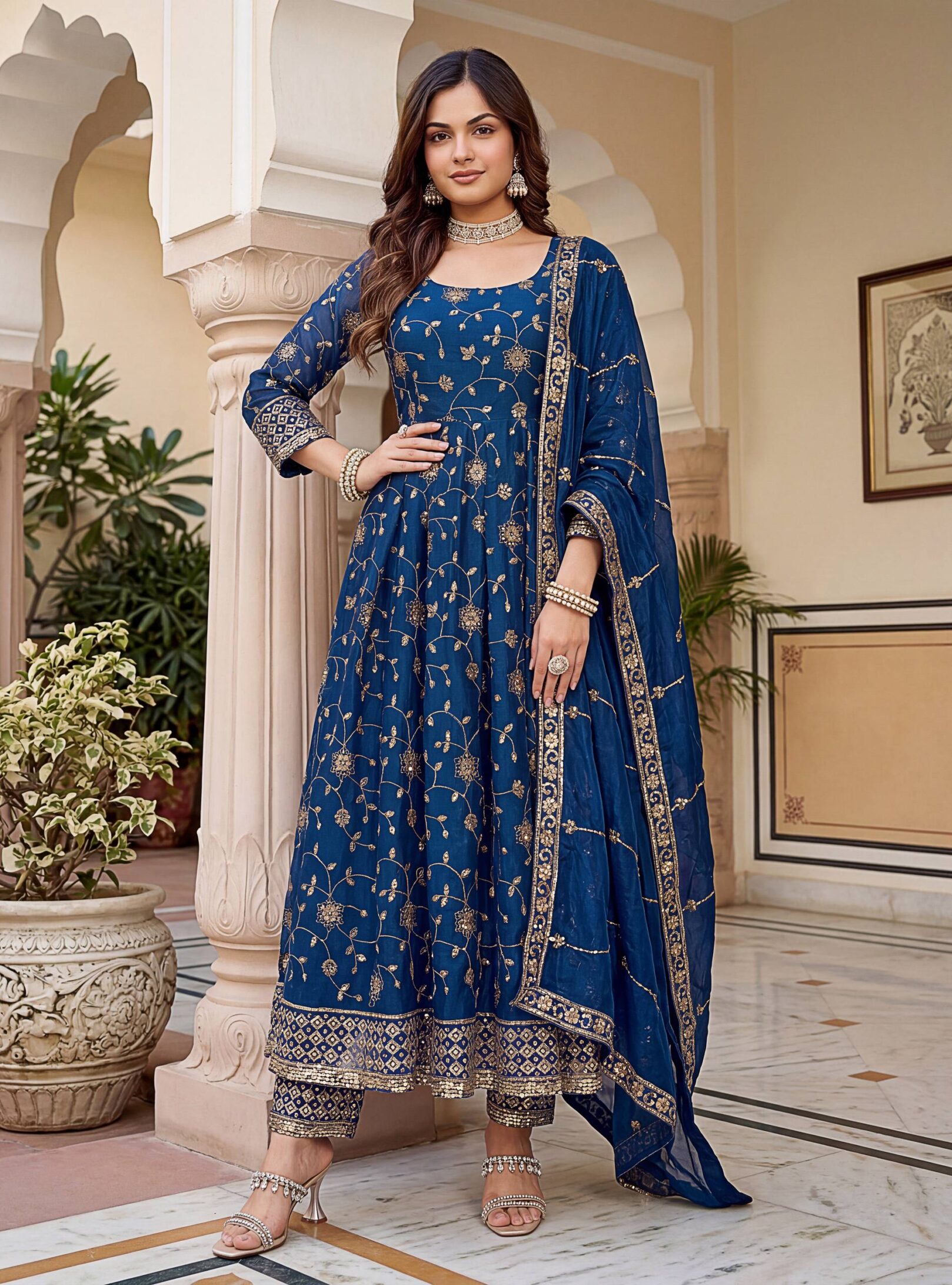 Designer Anarkali Gown Set with Zari Embroidery – RjPoshak