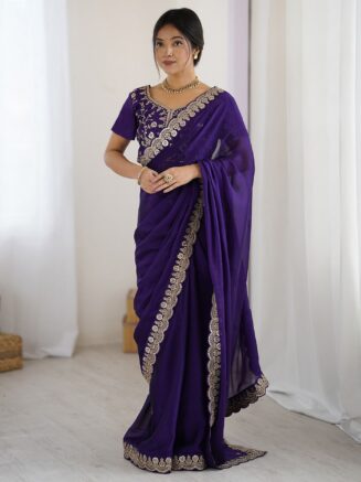 RjPoshak Purple Rangoli Saree with Embroidered Blouse