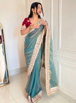 Firozi Fandy Saree with Designer Blouse I RjPoshak