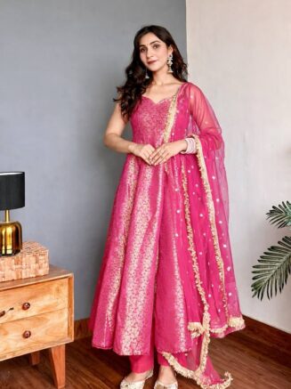Home 21 RjPoshak Designer Gown Set with Dupatta – Viscose Jacquard Party Wear Dress for Women
